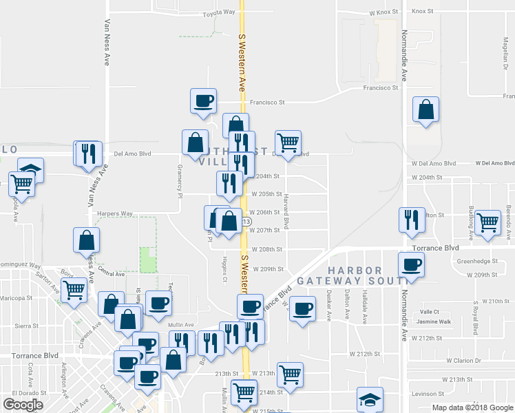 map of restaurants, bars, coffee shops, grocery stores, and more near 1636 West 205th Street in Torrance