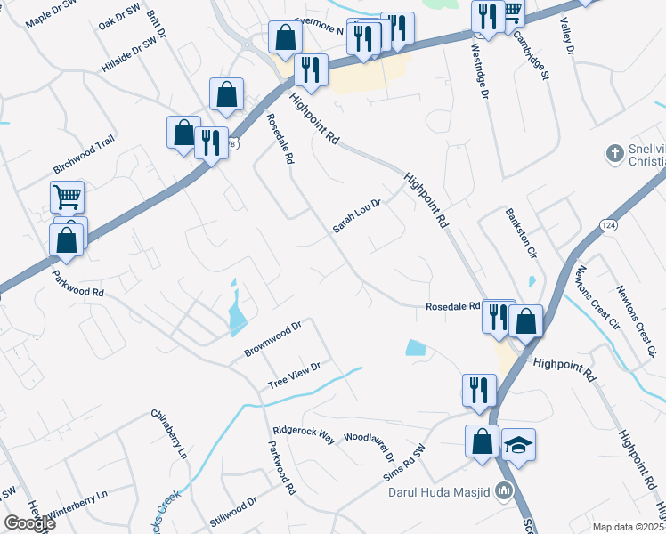 map of restaurants, bars, coffee shops, grocery stores, and more near 3243 Inez Drive in Snellville
