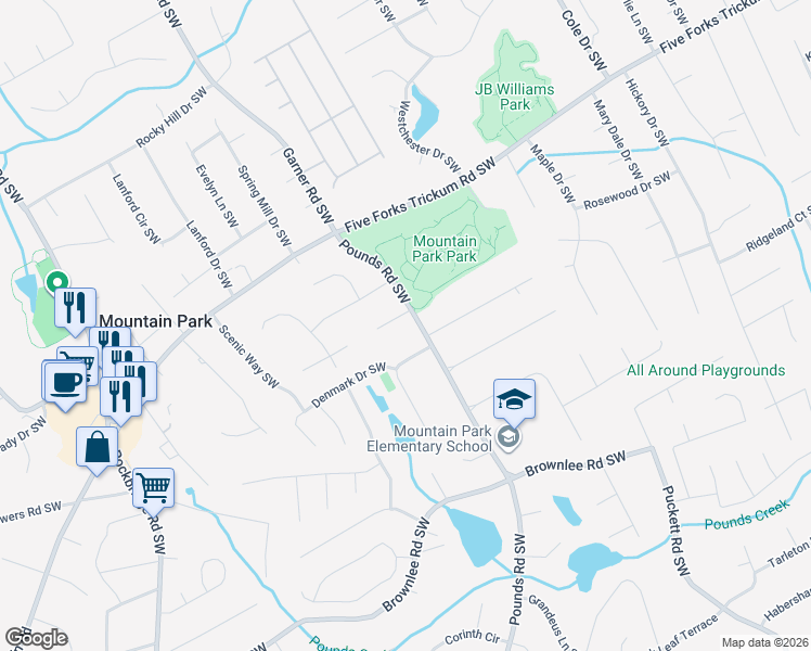 map of restaurants, bars, coffee shops, grocery stores, and more near 1325 Pounds Road Southwest in Lilburn