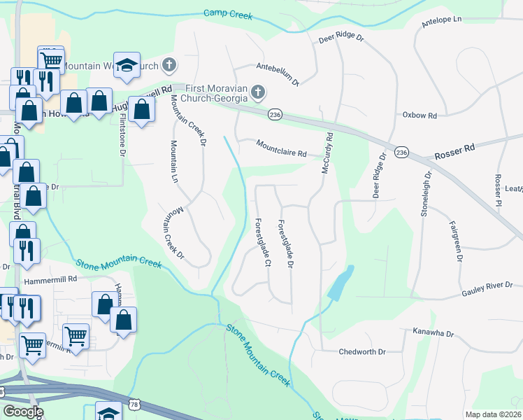 map of restaurants, bars, coffee shops, grocery stores, and more near 4910 Forestglade Court in Stone Mountain