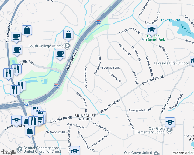 map of restaurants, bars, coffee shops, grocery stores, and more near 2067 Eldorado Drive Northeast in Atlanta