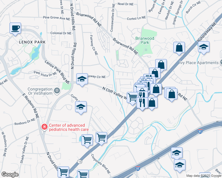 map of restaurants, bars, coffee shops, grocery stores, and more near 1348 North Cliff Valley Way Northeast in Atlanta