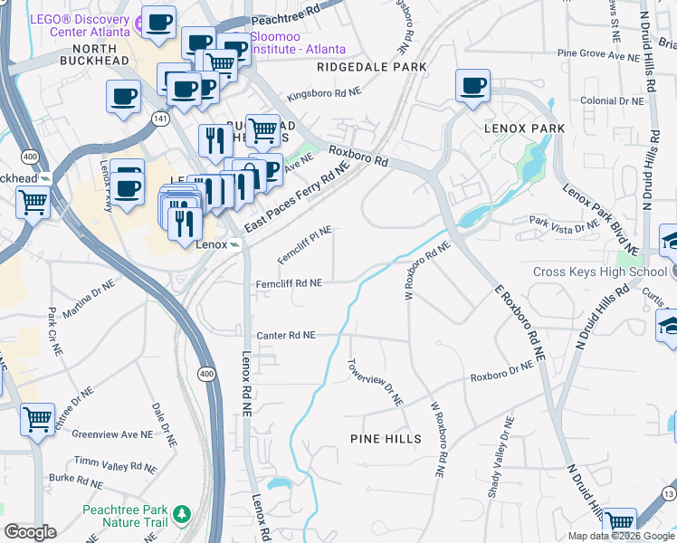 map of restaurants, bars, coffee shops, grocery stores, and more near 1032 Ferncliff Road Northeast in Atlanta