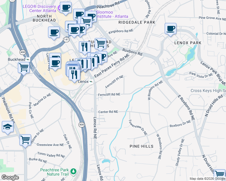 map of restaurants, bars, coffee shops, grocery stores, and more near 3299 Ferncliff Place Northeast in Atlanta