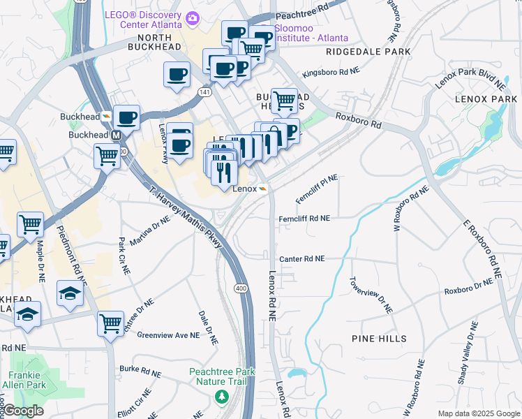 map of restaurants, bars, coffee shops, grocery stores, and more near 955 East Paces Ferry Road Northeast in Atlanta