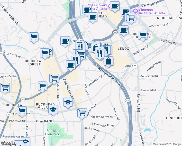 map of restaurants, bars, coffee shops, grocery stores, and more near 57 Highland Drive Northeast in Atlanta
