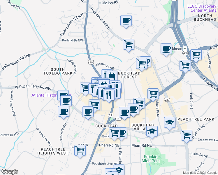 map of restaurants, bars, coffee shops, grocery stores, and more near 3279 Roswell Road Northwest in Atlanta