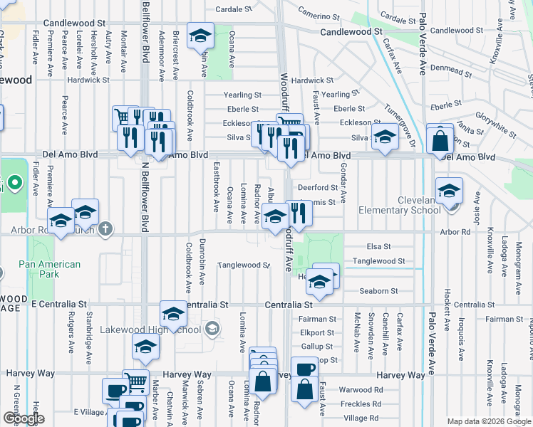 map of restaurants, bars, coffee shops, grocery stores, and more near 4729 Albury Avenue in Lakewood