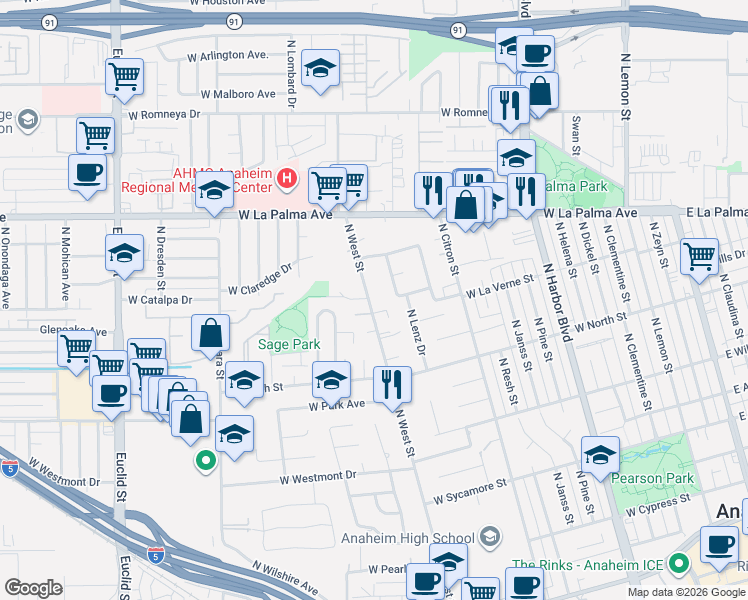 map of restaurants, bars, coffee shops, grocery stores, and more near 916 North West Street in Anaheim