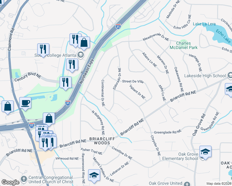 map of restaurants, bars, coffee shops, grocery stores, and more near 2067 Eldorado Drive Northeast in Atlanta