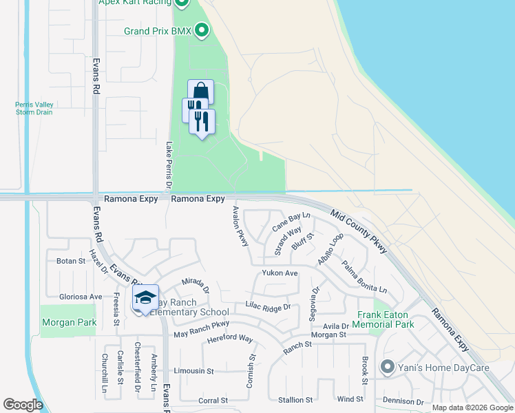 map of restaurants, bars, coffee shops, grocery stores, and more near 1192 Reisling Drive in Perris