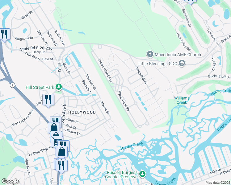 map of restaurants, bars, coffee shops, grocery stores, and more near 1300 James Island Avenue in North Myrtle Beach