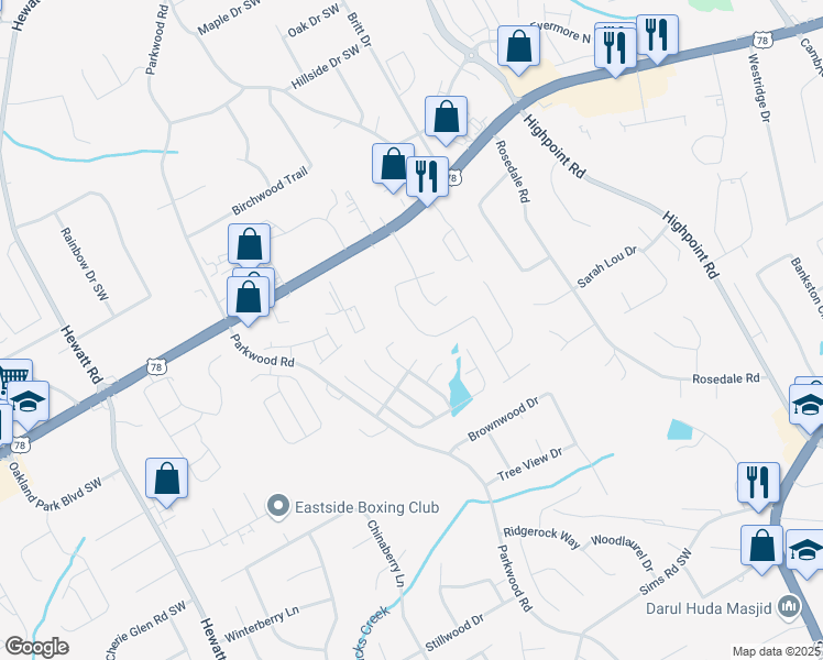 map of restaurants, bars, coffee shops, grocery stores, and more near 2131 Boone Place in Snellville