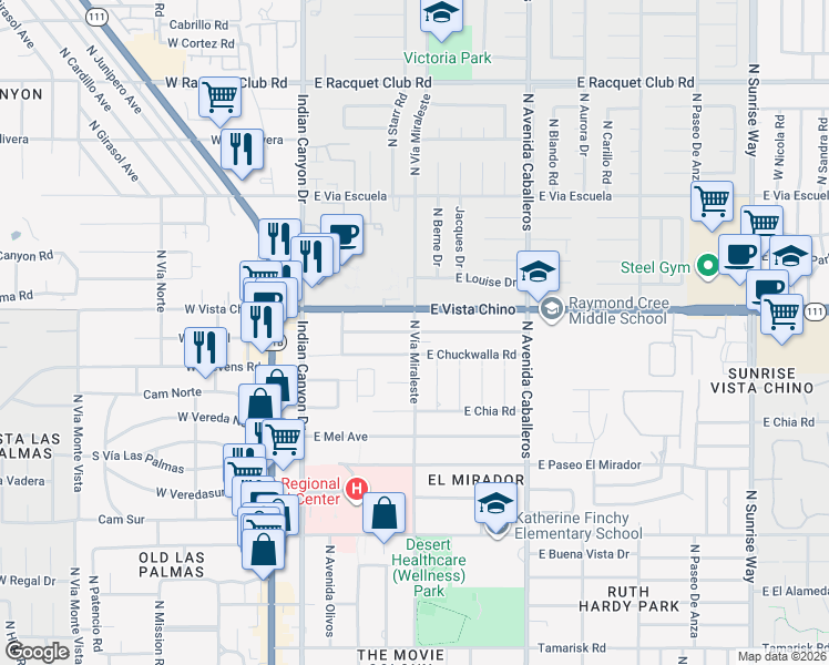 map of restaurants, bars, coffee shops, grocery stores, and more near East Cottonwood Road in Palm Springs