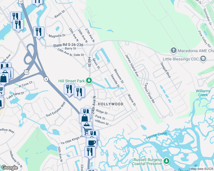 map of restaurants, bars, coffee shops, grocery stores, and more near 1010 Lowe Drive in North Myrtle Beach