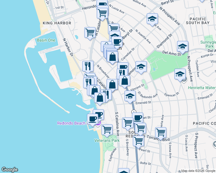 map of restaurants, bars, coffee shops, grocery stores, and more near 212 North Catalina Avenue in Redondo Beach