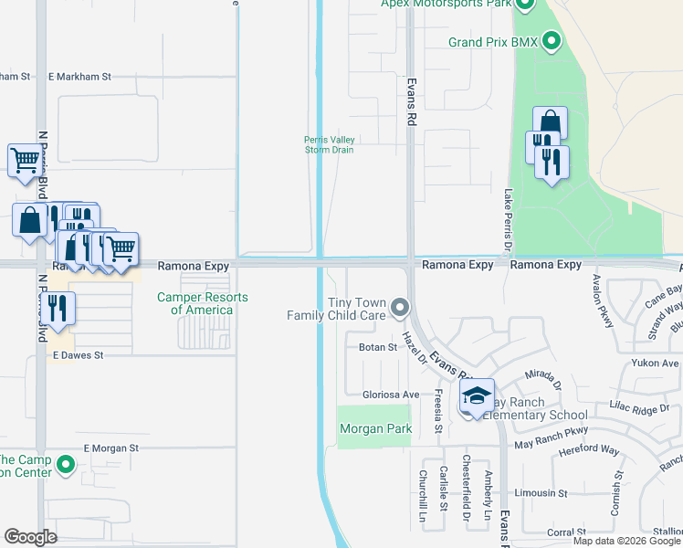 map of restaurants, bars, coffee shops, grocery stores, and more near 3890 Akina Avenue in Perris