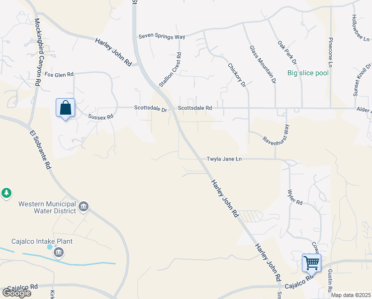 map of restaurants, bars, coffee shops, grocery stores, and more near Harley John Road in Lake Mathews