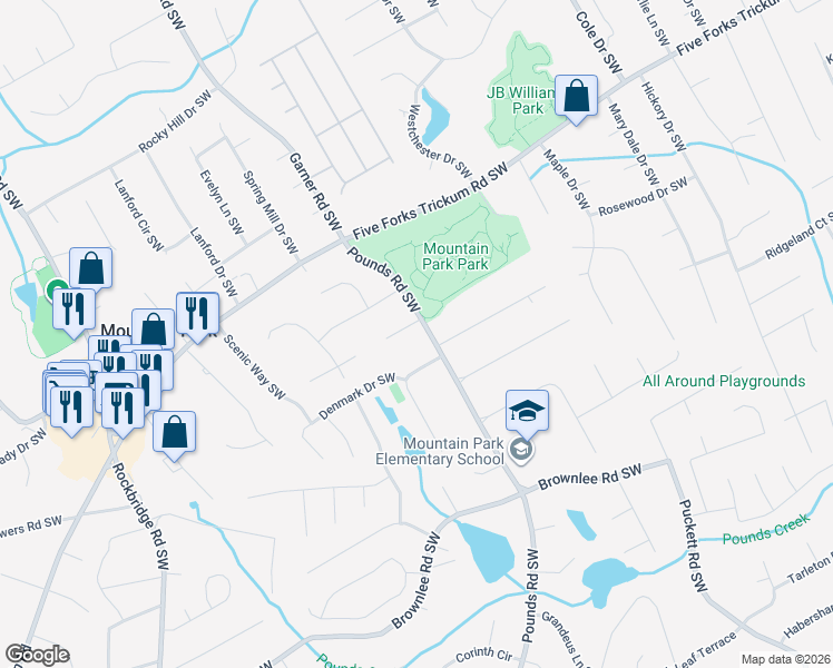 map of restaurants, bars, coffee shops, grocery stores, and more near 1325 Pounds Rd SW in Lilburn