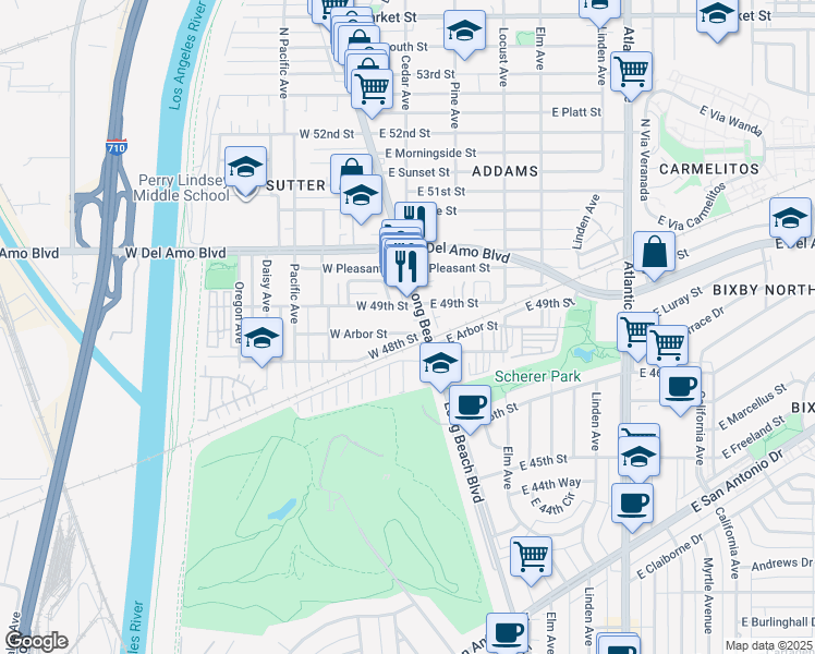 map of restaurants, bars, coffee shops, grocery stores, and more near 21 West Arbor Street in Long Beach