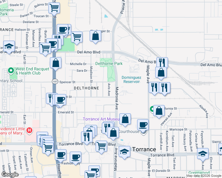 map of restaurants, bars, coffee shops, grocery stores, and more near 20526 Avis Avenue in Torrance