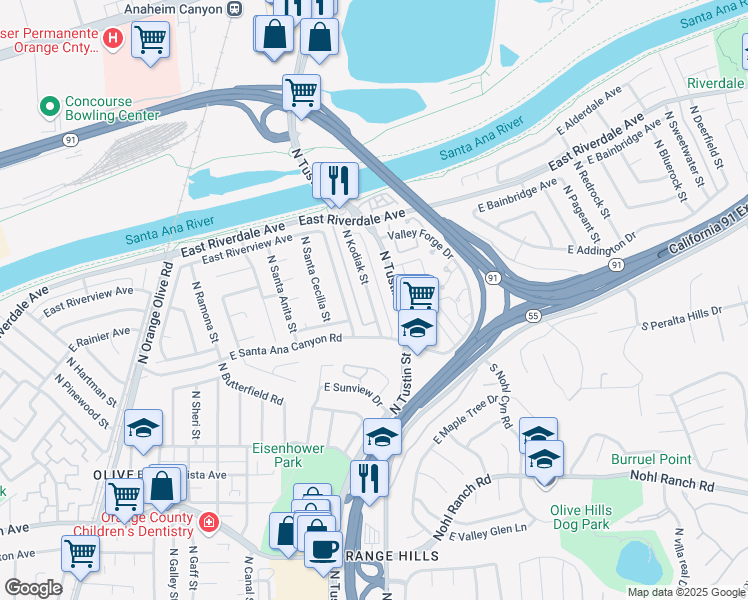 map of restaurants, bars, coffee shops, grocery stores, and more near 212 North Kodiak Street in Anaheim