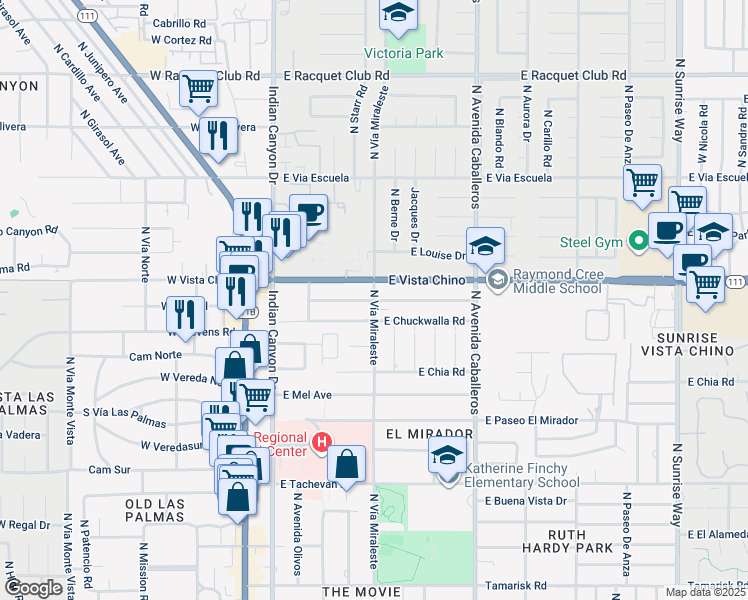 map of restaurants, bars, coffee shops, grocery stores, and more near North Vía Miraleste & East Cottonwood Road in Palm Springs