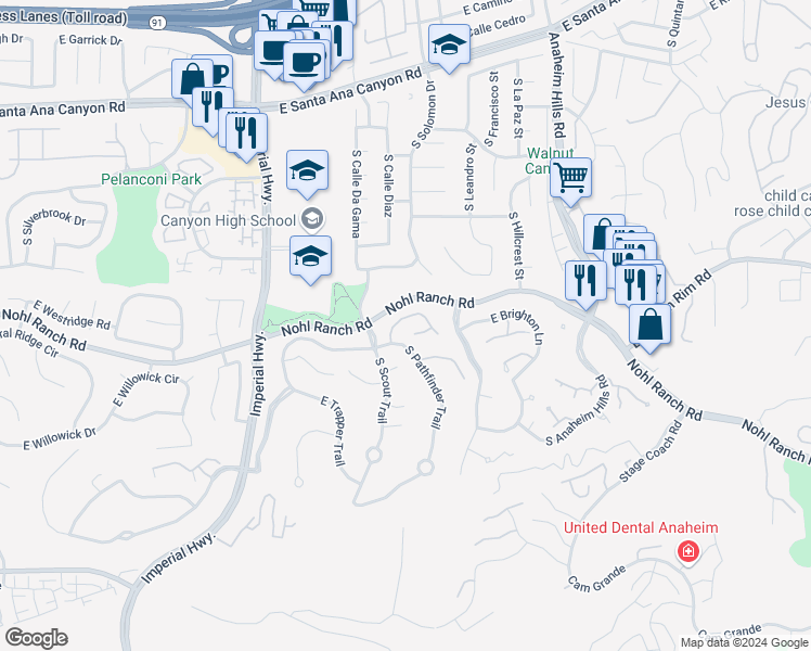 map of restaurants, bars, coffee shops, grocery stores, and more near 5934 East Calle Principia in Anaheim