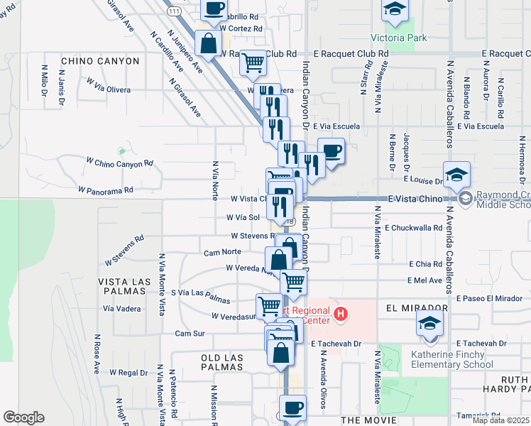 map of restaurants, bars, coffee shops, grocery stores, and more near 222 West Vía Sol in Palm Springs