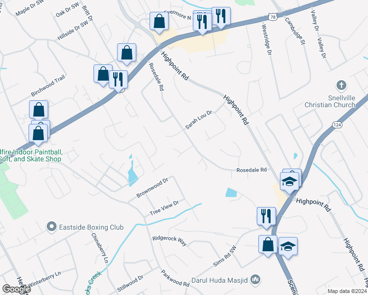 map of restaurants, bars, coffee shops, grocery stores, and more near 3241 Inez Drive in Snellville