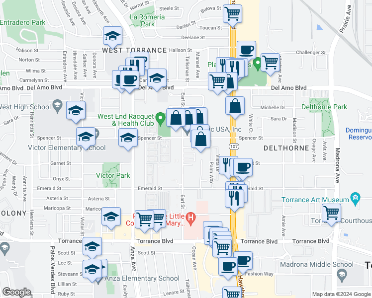 map of restaurants, bars, coffee shops, grocery stores, and more near 20546 Earl Street in Torrance