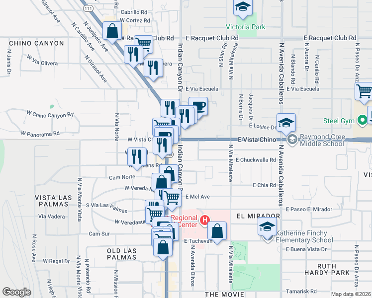 map of restaurants, bars, coffee shops, grocery stores, and more near 1555 North Chaparral Road in Palm Springs