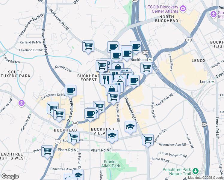 map of restaurants, bars, coffee shops, grocery stores, and more near 3300 Piedmont Road Northeast in Atlanta