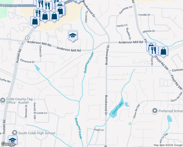 map of restaurants, bars, coffee shops, grocery stores, and more near 4418 Brookwood Drive in Mableton