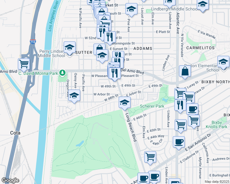 map of restaurants, bars, coffee shops, grocery stores, and more near 21 West Arbor Street in Long Beach