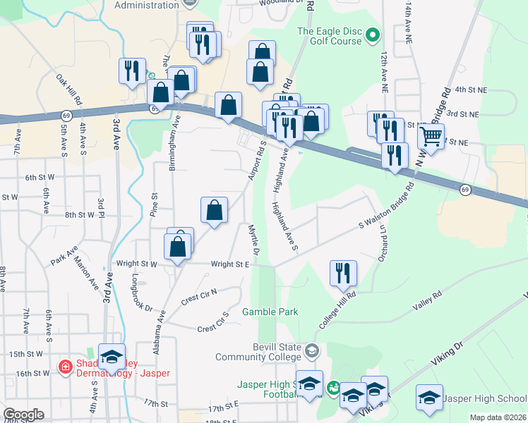 map of restaurants, bars, coffee shops, grocery stores, and more near 1007 Myrtle Drive in Jasper