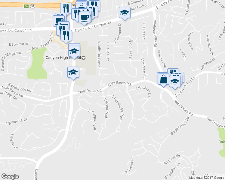 map of restaurants, bars, coffee shops, grocery stores, and more near 5934 E Calle Principia in Anaheim