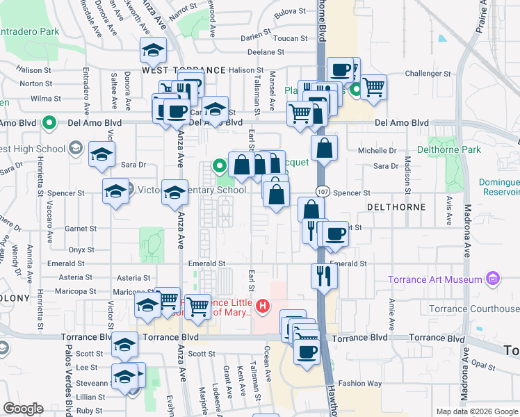map of restaurants, bars, coffee shops, grocery stores, and more near 20520 Earl Street in Torrance