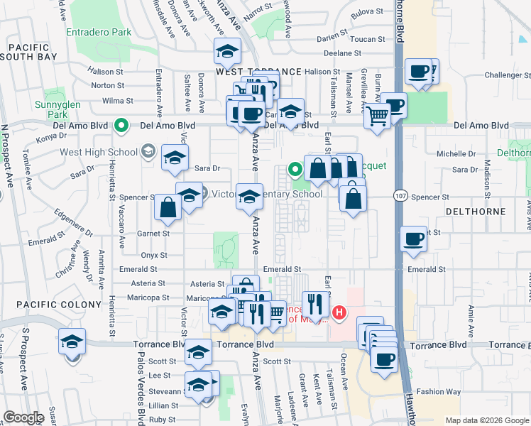 map of restaurants, bars, coffee shops, grocery stores, and more near 20530 Anza Avenue in Torrance