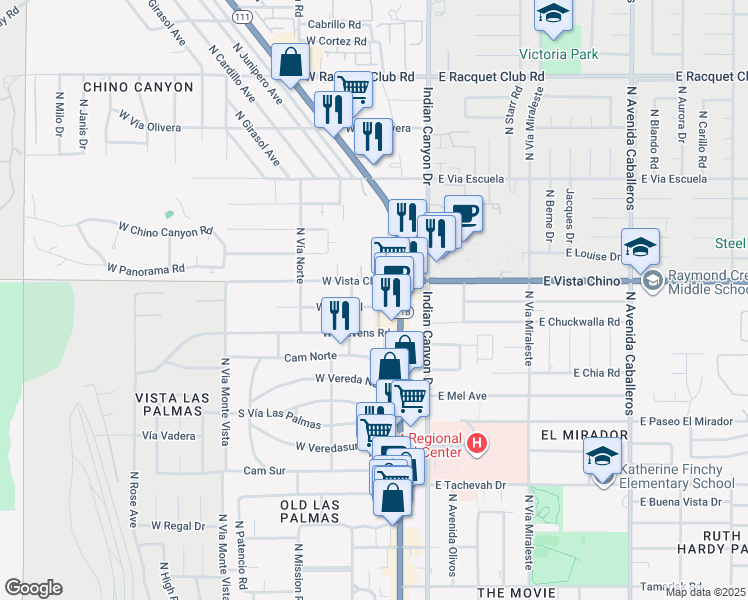 map of restaurants, bars, coffee shops, grocery stores, and more near 1598 North Kaweah Road in Palm Springs