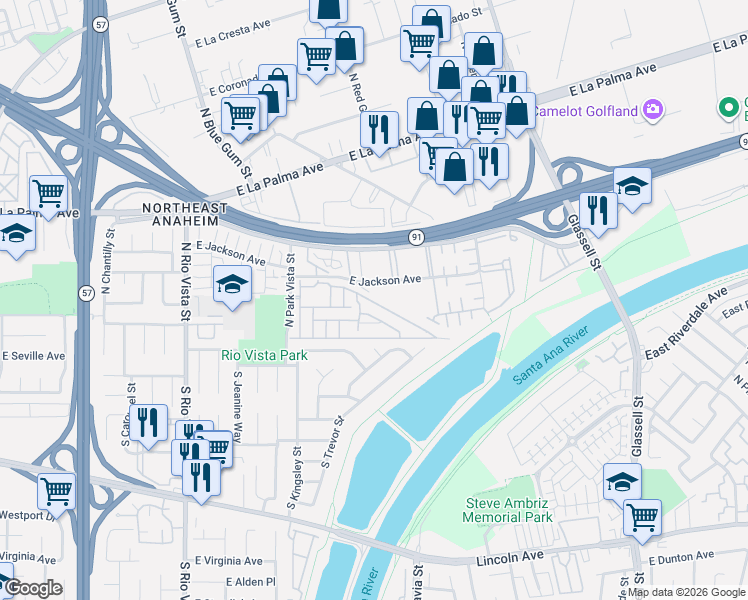 map of restaurants, bars, coffee shops, grocery stores, and more near 320 North Park Vista Street in Anaheim