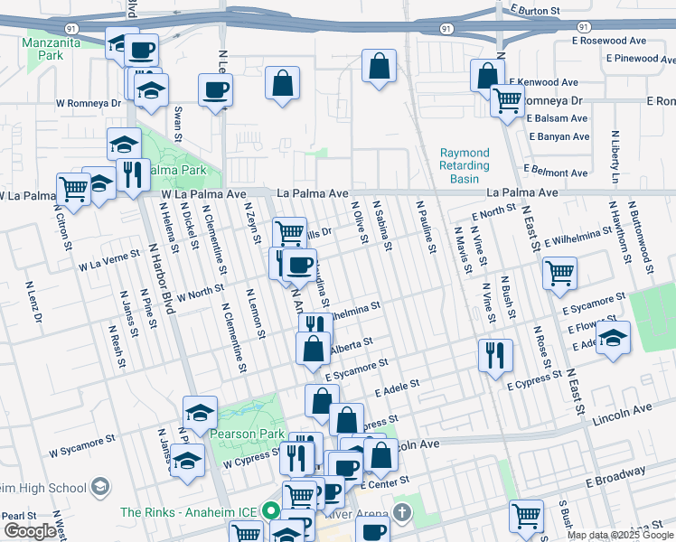 map of restaurants, bars, coffee shops, grocery stores, and more near 758 North Claudina Street in Anaheim