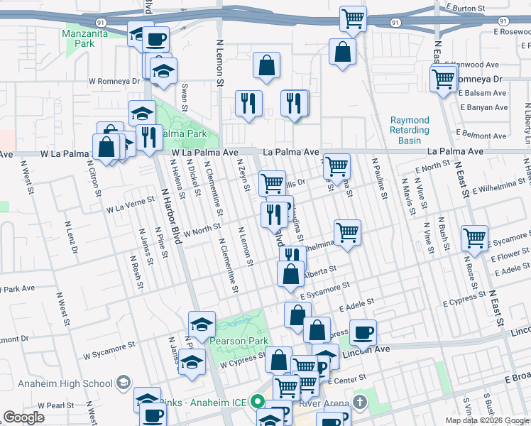 map of restaurants, bars, coffee shops, grocery stores, and more near 806 North Anaheim Boulevard in Anaheim