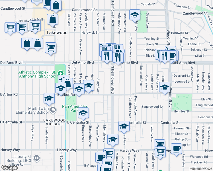 map of restaurants, bars, coffee shops, grocery stores, and more near 4749 Montair Avenue in Long Beach