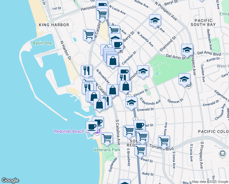map of restaurants, bars, coffee shops, grocery stores, and more near in Redondo Beach