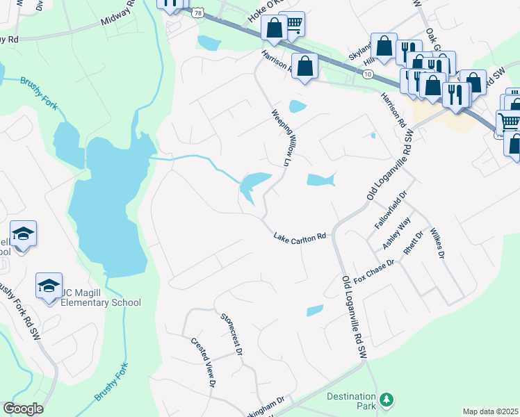map of restaurants, bars, coffee shops, grocery stores, and more near 3885 Weeping Willow Lane in Loganville