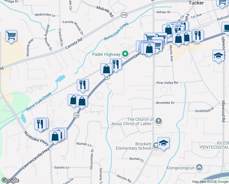 map of restaurants, bars, coffee shops, grocery stores, and more near 2036 Shady Lane in Tucker