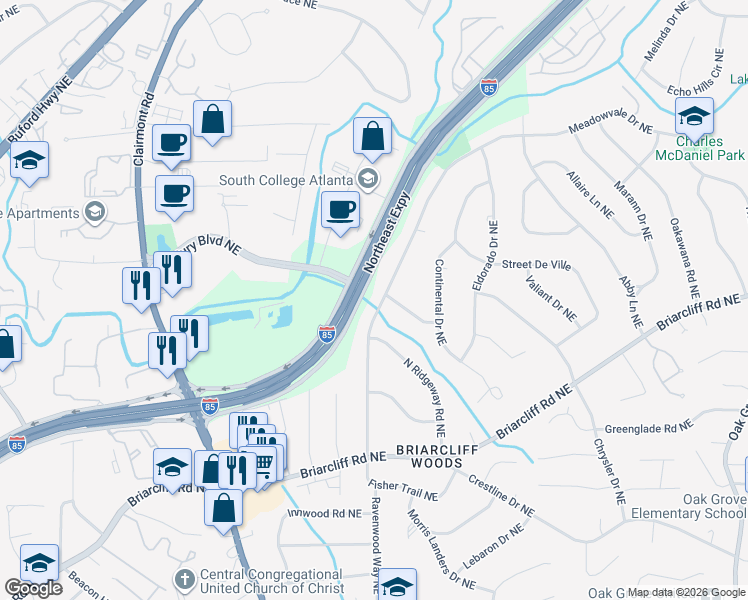map of restaurants, bars, coffee shops, grocery stores, and more near 2068 Fisher Trail Northeast in Atlanta