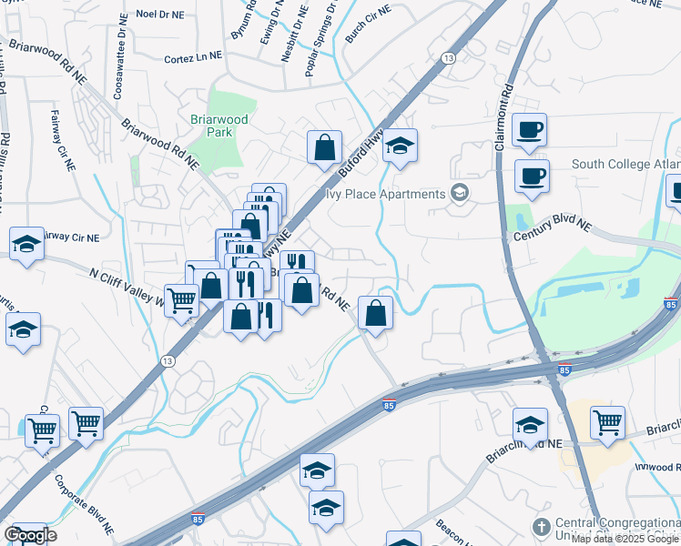 map of restaurants, bars, coffee shops, grocery stores, and more near 1615 Trailview Way Northeast in Atlanta