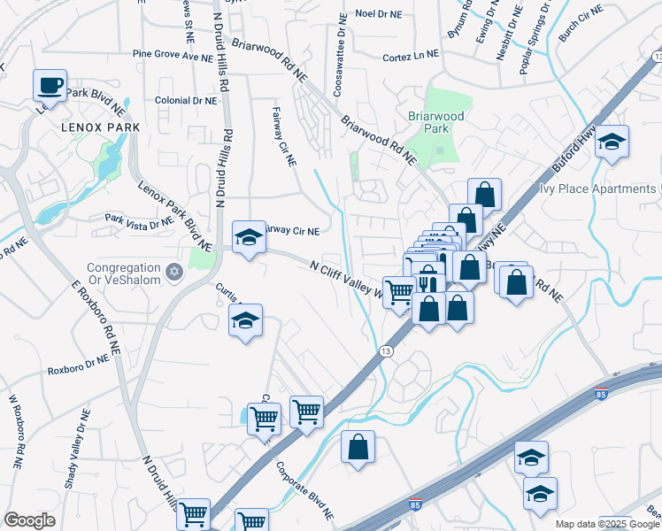 map of restaurants, bars, coffee shops, grocery stores, and more near 1338 North Cliff Valley Way Northeast in Atlanta